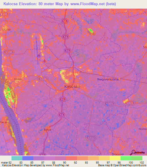 Kalocsa,Hungary Elevation Map