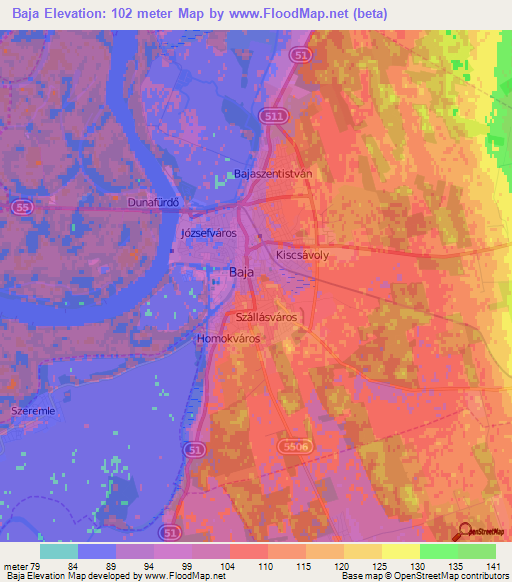 Baja,Hungary Elevation Map