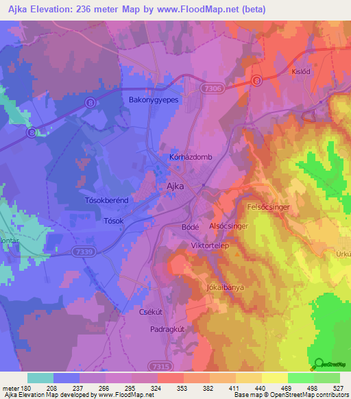 Ajka,Hungary Elevation Map