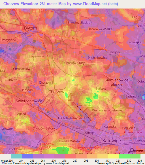 Chorzow,Poland Elevation Map