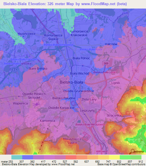 Bielsko-Biala,Poland Elevation Map