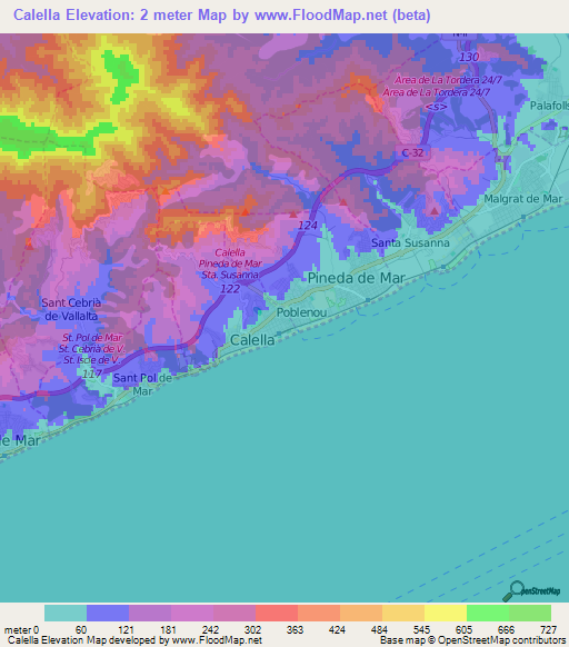 Calella,Spain Elevation Map