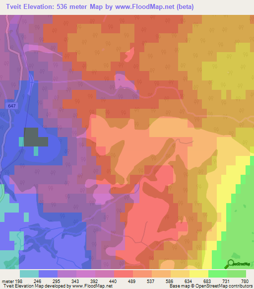 Tveit,Norway Elevation Map