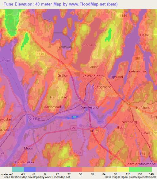 Tune,Norway Elevation Map