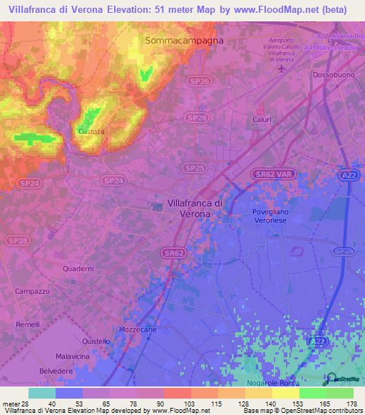 Villafranca di Verona,Italy Elevation Map