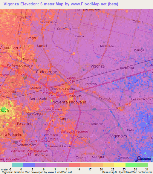 Vigonza,Italy Elevation Map