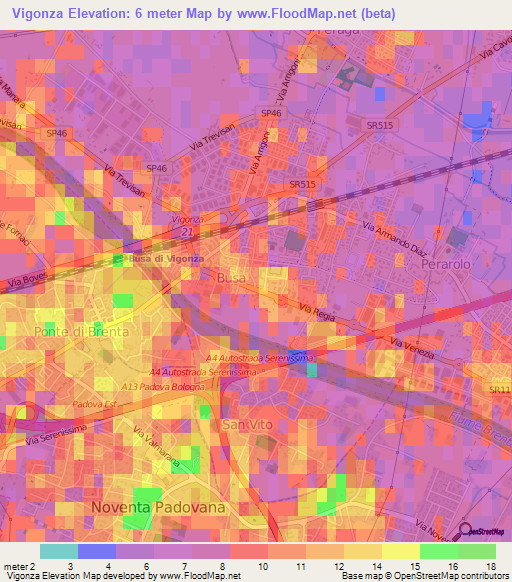 Vigonza,Italy Elevation Map