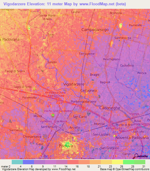 Vigodarzere,Italy Elevation Map