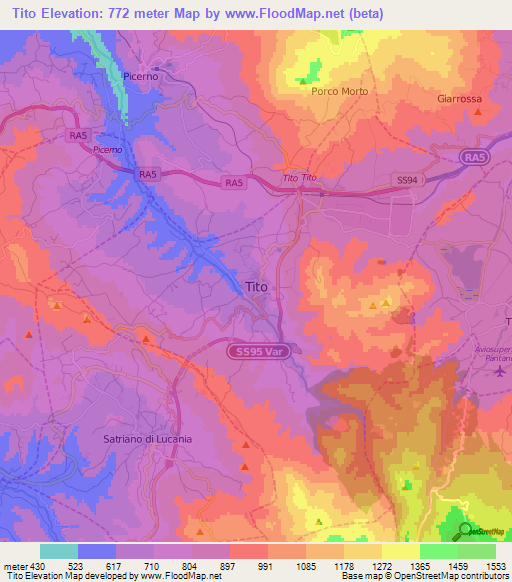 Tito,Italy Elevation Map