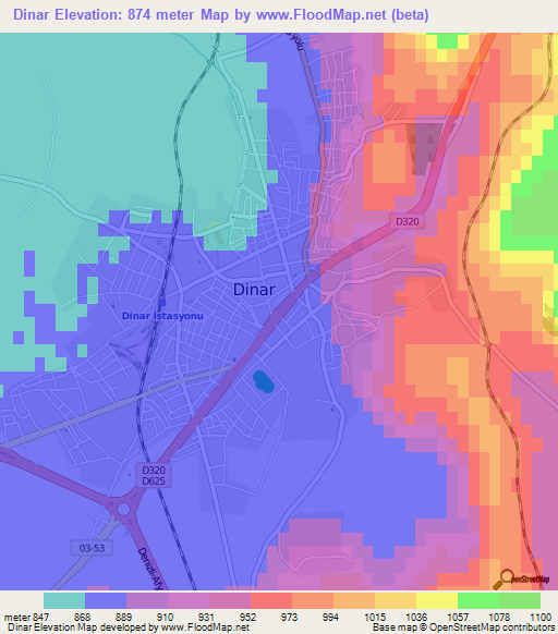 Dinar,Turkey Elevation Map