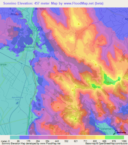 Sonnino,Italy Elevation Map