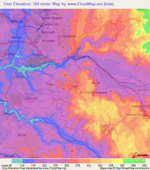 Ossi,Italy Elevation Map