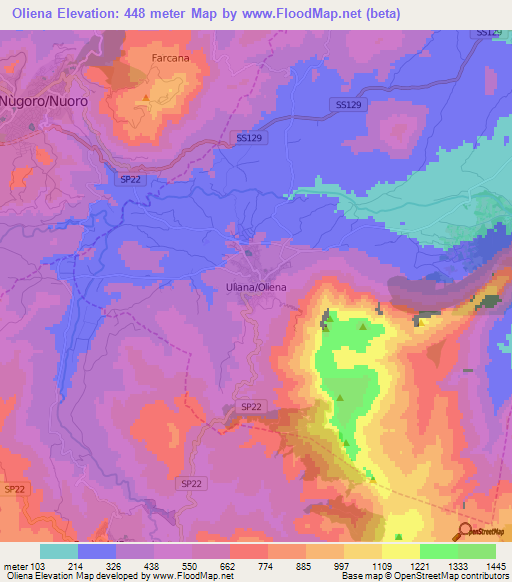 Oliena,Italy Elevation Map