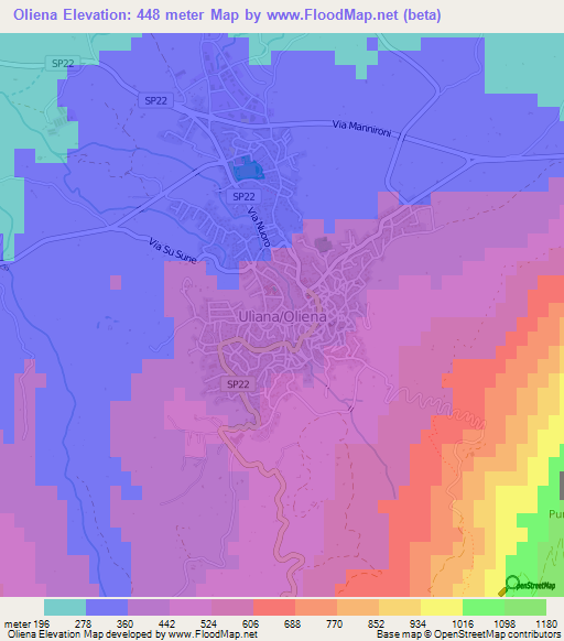 Oliena,Italy Elevation Map