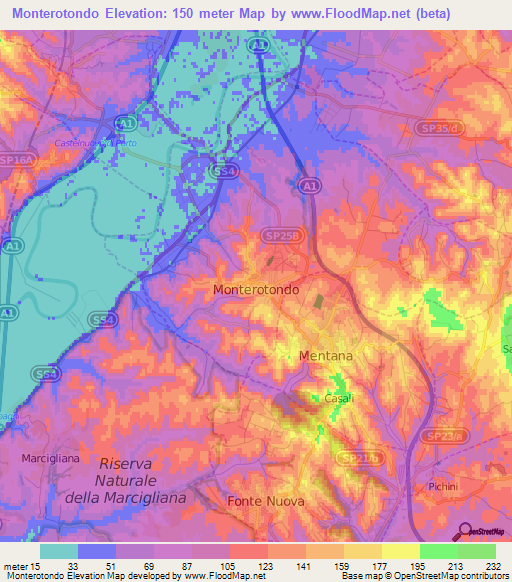 Monterotondo,Italy Elevation Map