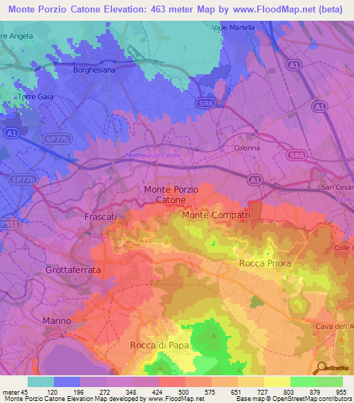 Monte Porzio Catone,Italy Elevation Map