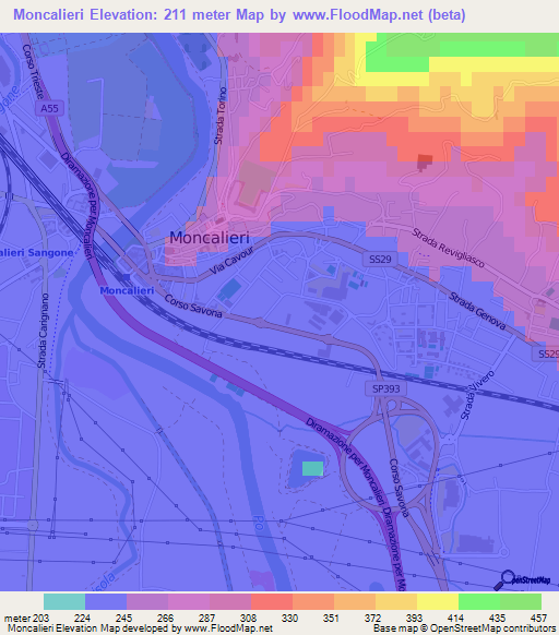 Moncalieri,Italy Elevation Map