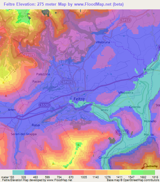 Feltre,Italy Elevation Map