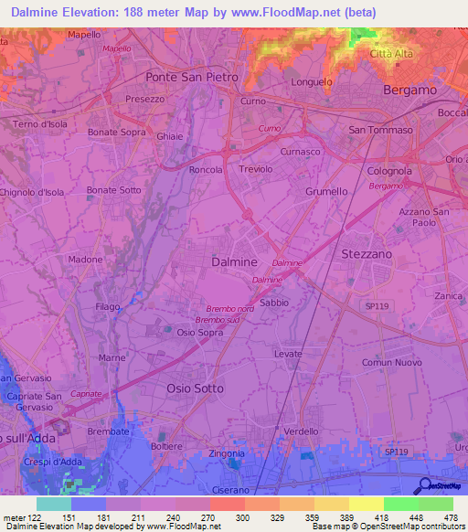 Dalmine,Italy Elevation Map