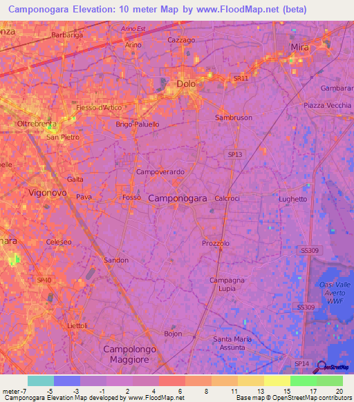 Camponogara,Italy Elevation Map