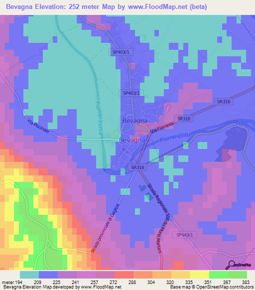 Elevation of Bevagna,Italy Elevation Map, Topography, Contour