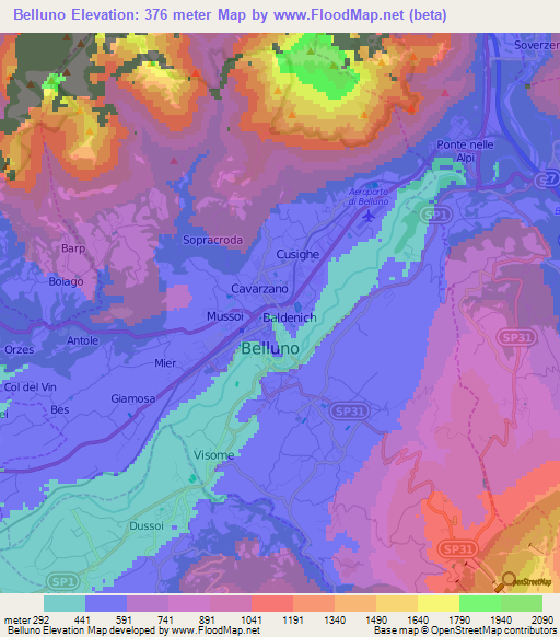 Belluno,Italy Elevation Map