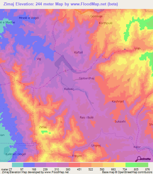 Zimaj,Albania Elevation Map