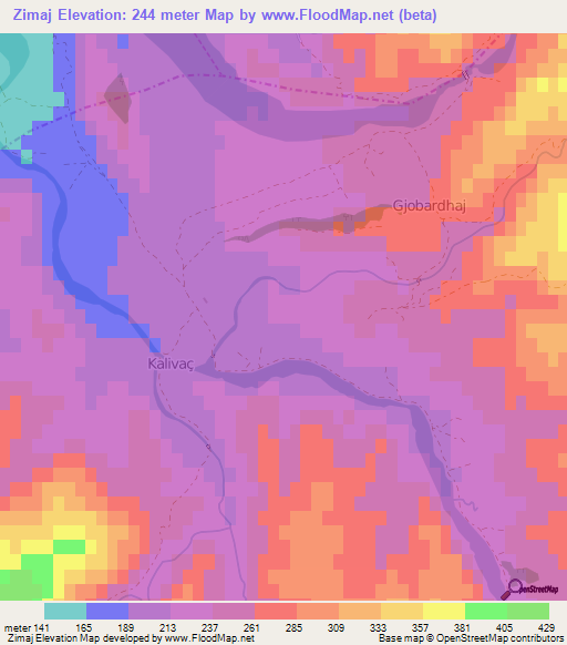 Zimaj,Albania Elevation Map