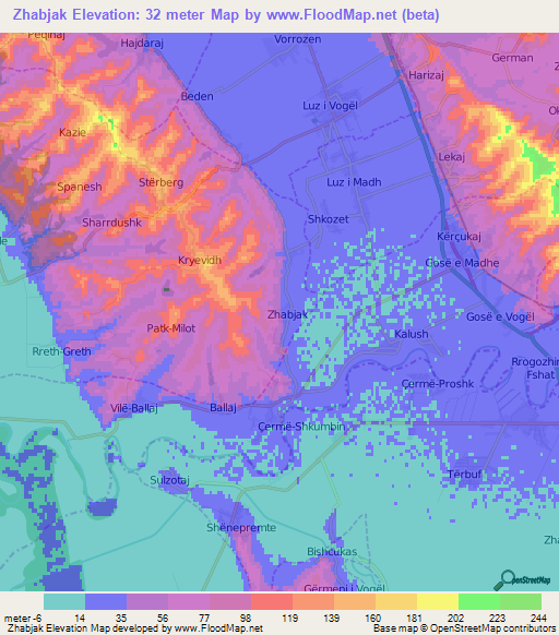 Zhabjak,Albania Elevation Map