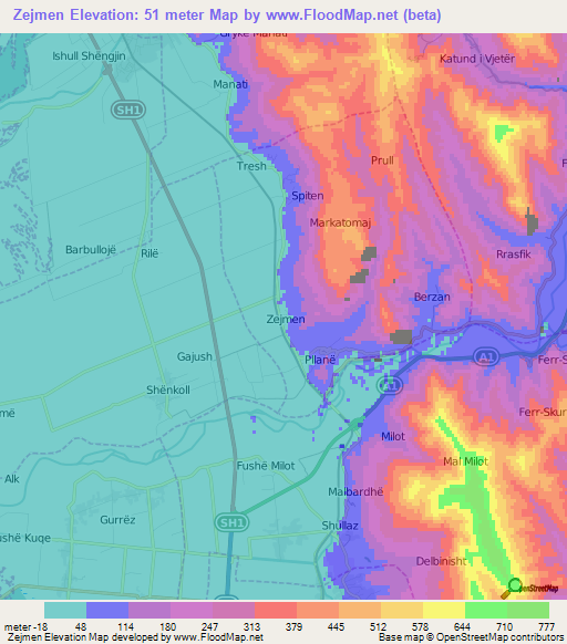 Zejmen,Albania Elevation Map