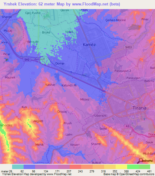 Yrshek,Albania Elevation Map