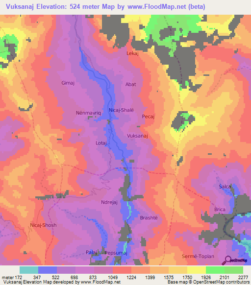 Vuksanaj,Albania Elevation Map