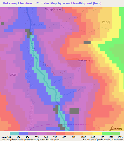 Vuksanaj,Albania Elevation Map