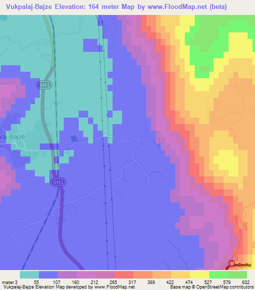 Vukpalaj-Bajze,Albania Elevation Map