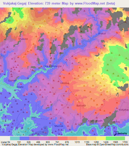 Vukjakaj-Gegaj,Albania Elevation Map