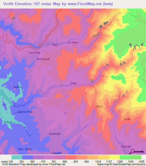 Vrrith,Albania Elevation Map