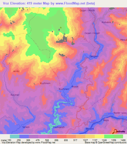 Voz,Albania Elevation Map