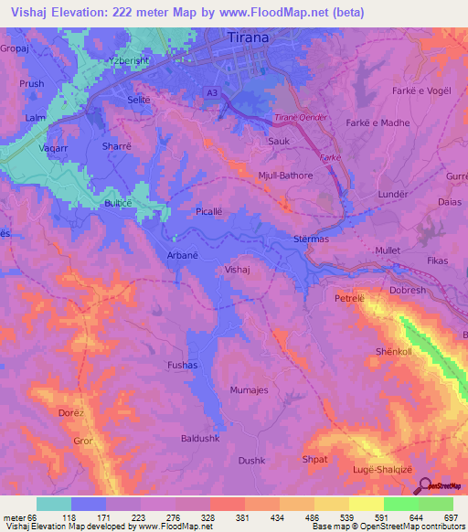 Vishaj,Albania Elevation Map