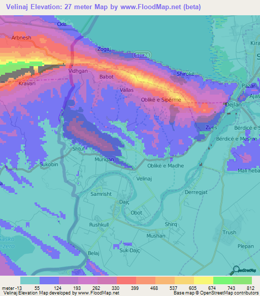 Velinaj,Albania Elevation Map