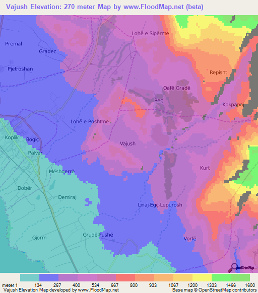 Vajush,Albania Elevation Map