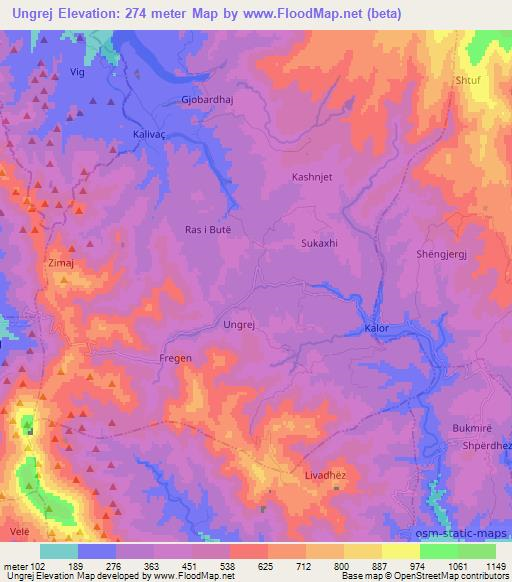 Ungrej,Albania Elevation Map