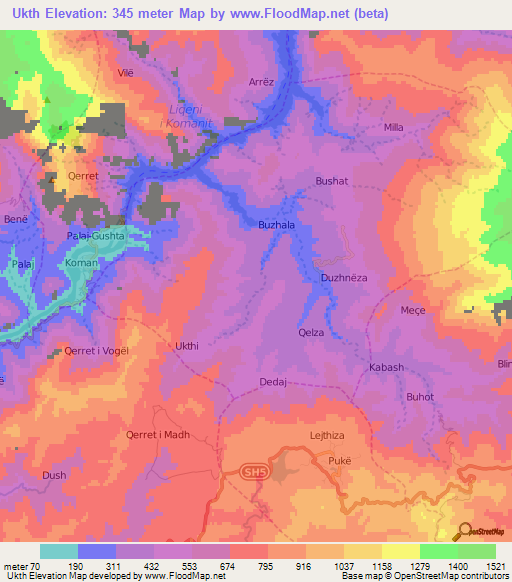 Ukth,Albania Elevation Map