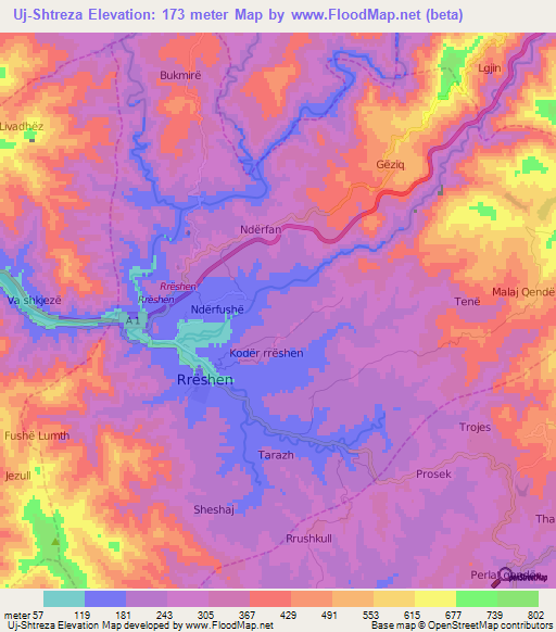 Uj-Shtreza,Albania Elevation Map