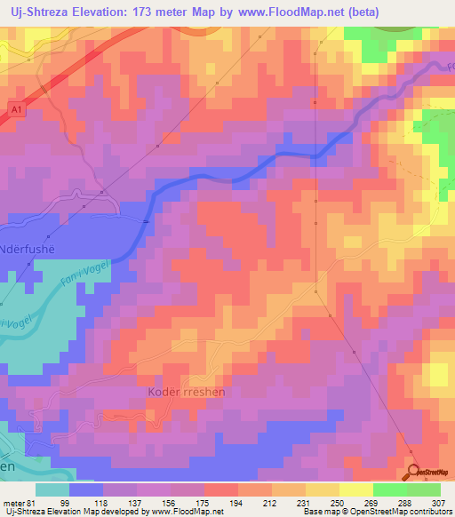 Uj-Shtreza,Albania Elevation Map