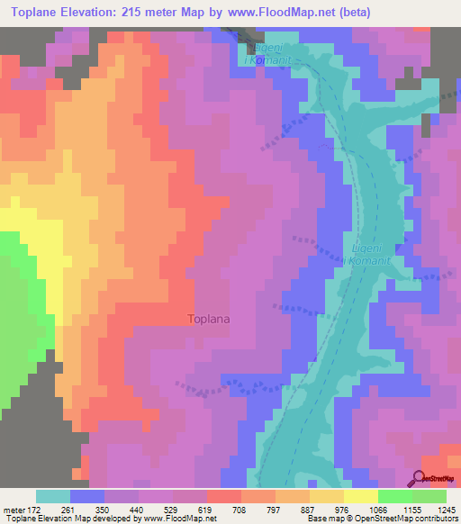 Toplane,Albania Elevation Map