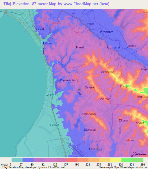 Tilaj,Albania Elevation Map