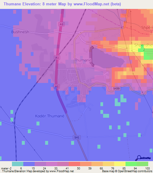 Thumane,Albania Elevation Map