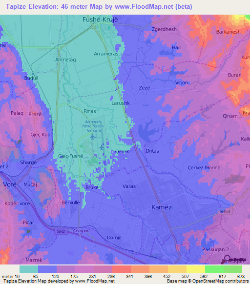 Tapize,Albania Elevation Map