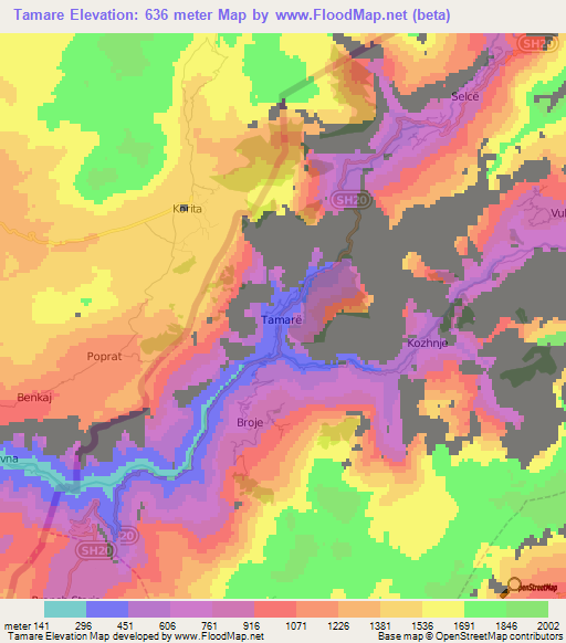 Tamare,Albania Elevation Map