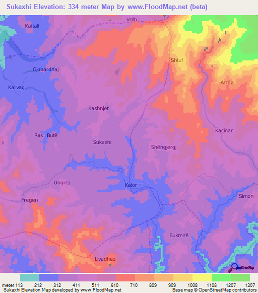 Sukaxhi,Albania Elevation Map